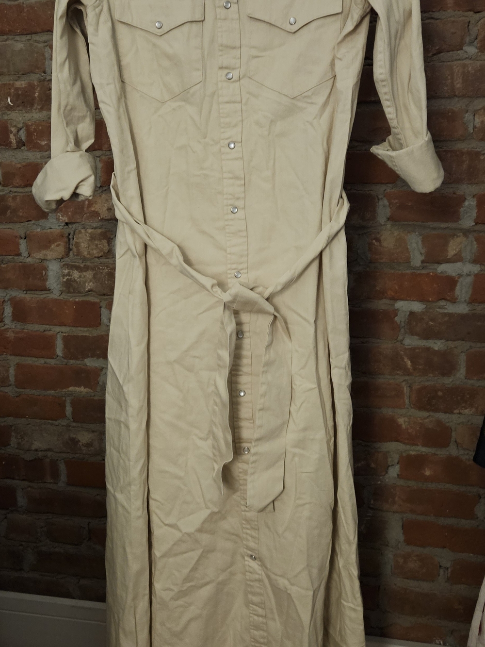 Italian Designed Classic Cream Button-Front Shirt Dress with Waist Tie